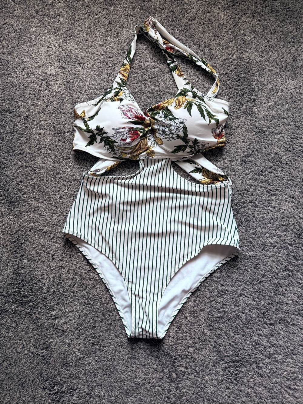 Floral & Stripe White Cutout One-Piece Swimsuit